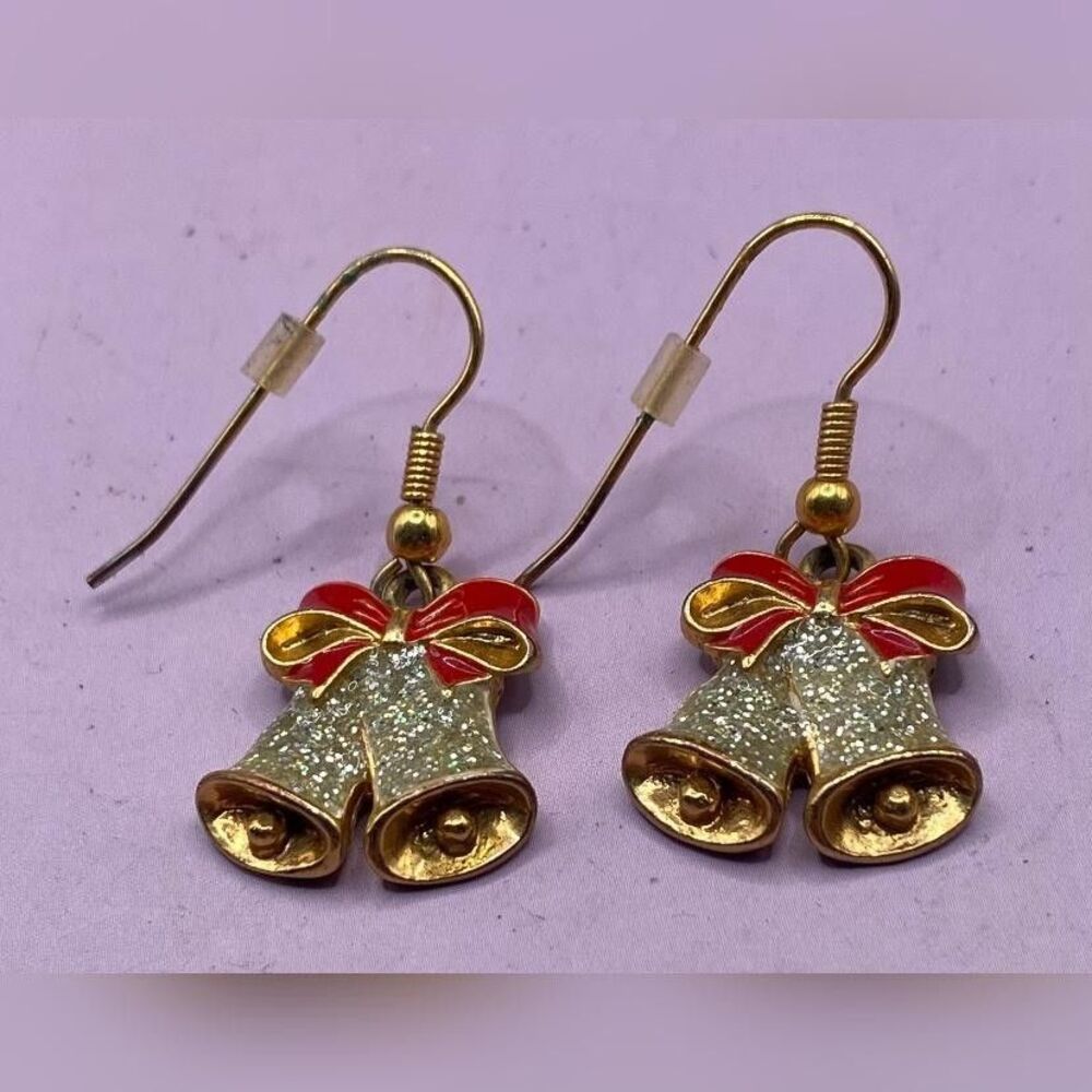 Vintage Avon Christmas Bell Dangle Earrings Gold Tone Red White Glitter Pierced